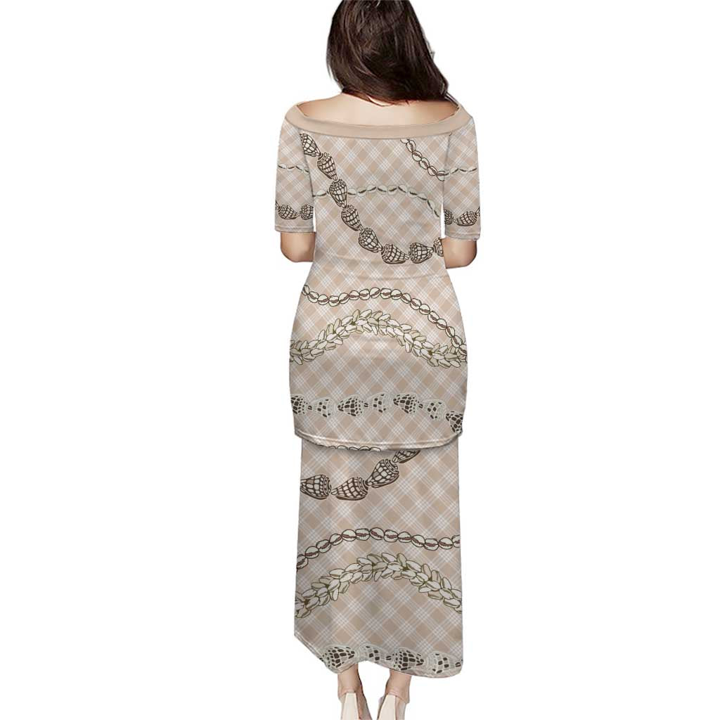 Beige Aloha Hawaii Shell Lei Family Matching Puletasi and Hawaiian Shirt Palaka Hebrew Cone Honey Cowrie Elegant Curves - Polynesian Pride