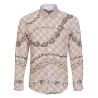 Beige Aloha Hawaii Shell Lei Family Matching Short Sleeve Bodycon Dress and Hawaiian Shirt Palaka Hebrew Cone Honey Cowrie Elegant Curves - Polynesian Pride