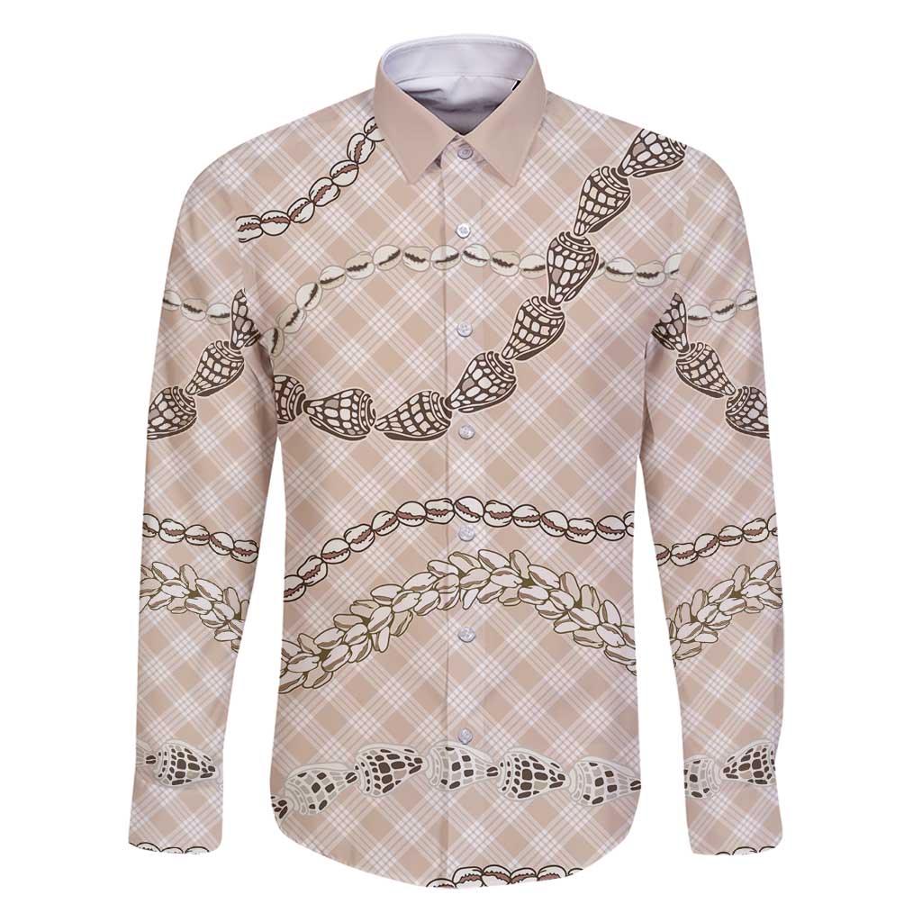 Beige Aloha Hawaii Shell Lei Family Matching Summer Maxi Dress and Hawaiian Shirt Palaka Hebrew Cone Honey Cowrie Elegant Curves - Polynesian Pride
