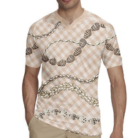 Beige Aloha Hawaii Shell Lei Rugby Jersey Palaka Hebrew Cone Honey Cowrie Elegant Curves - Polynesian Pride