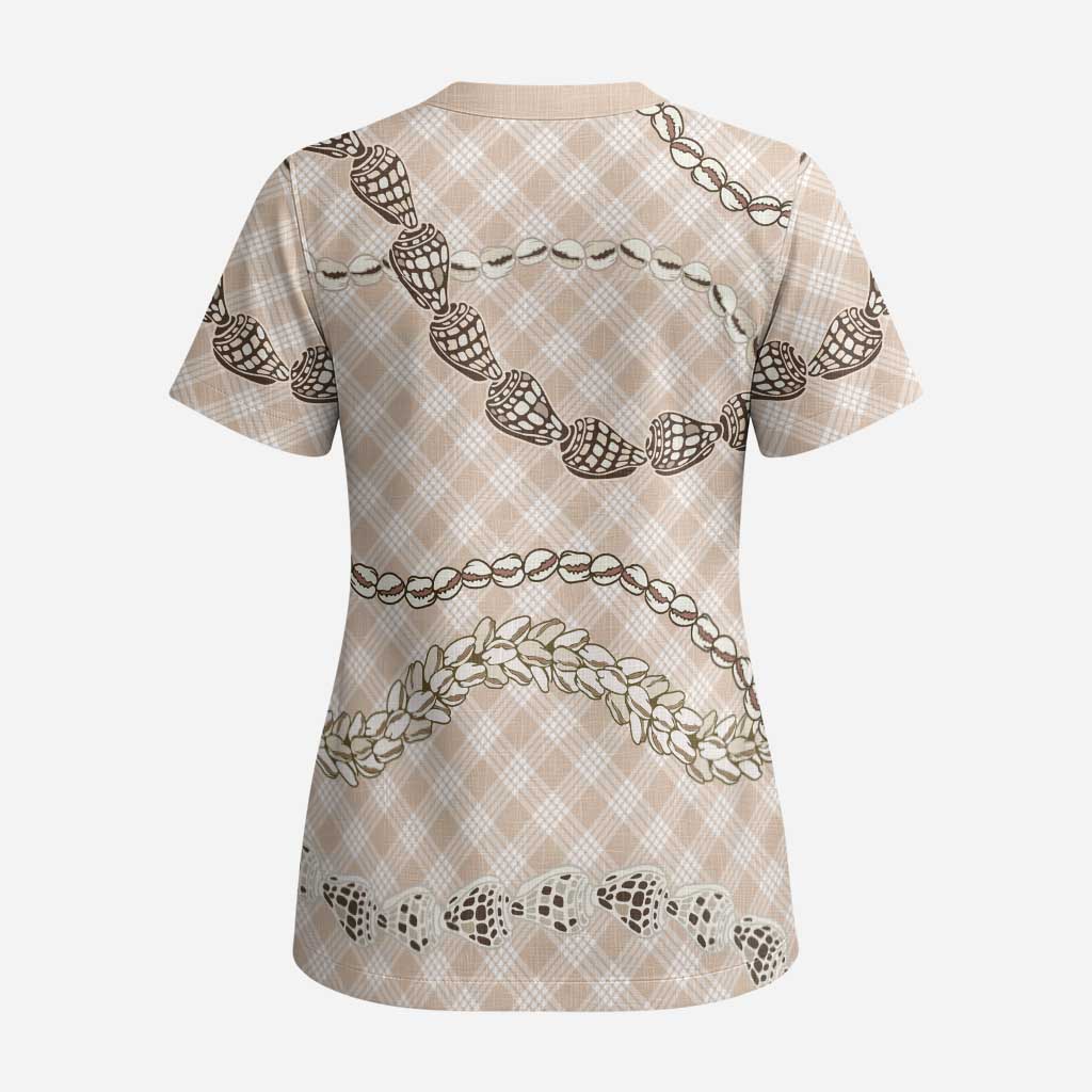 Beige Aloha Hawaii Shell Lei Scrub Top Palaka Hebrew Cone Honey Cowrie Elegant Curves - Polynesian Pride