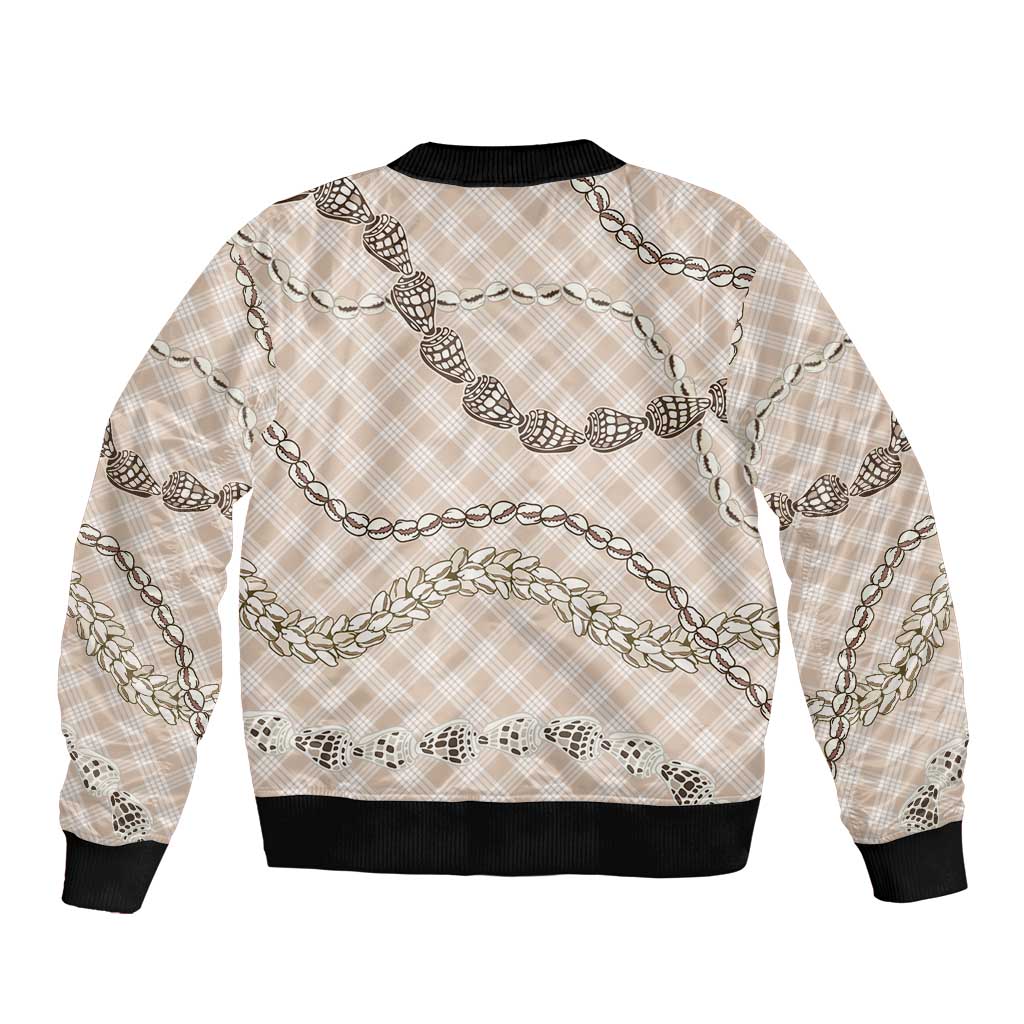 Beige Aloha Hawaii Shell Lei Sleeve Zip Bomber Jacket Palaka Hebrew Cone Honey Cowrie Elegant Curves - Polynesian Pride