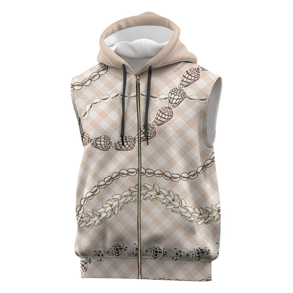 Beige Aloha Hawaii Shell Lei Sleeveless Zip Hoodie Palaka Hebrew Cone Honey Cowrie Elegant Curves - Polynesian Pride