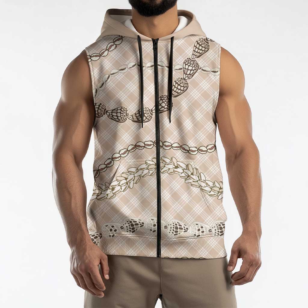 Beige Aloha Hawaii Shell Lei Sleeveless Zip Hoodie Palaka Hebrew Cone Honey Cowrie Elegant Curves LT14 - Polynesian Pride