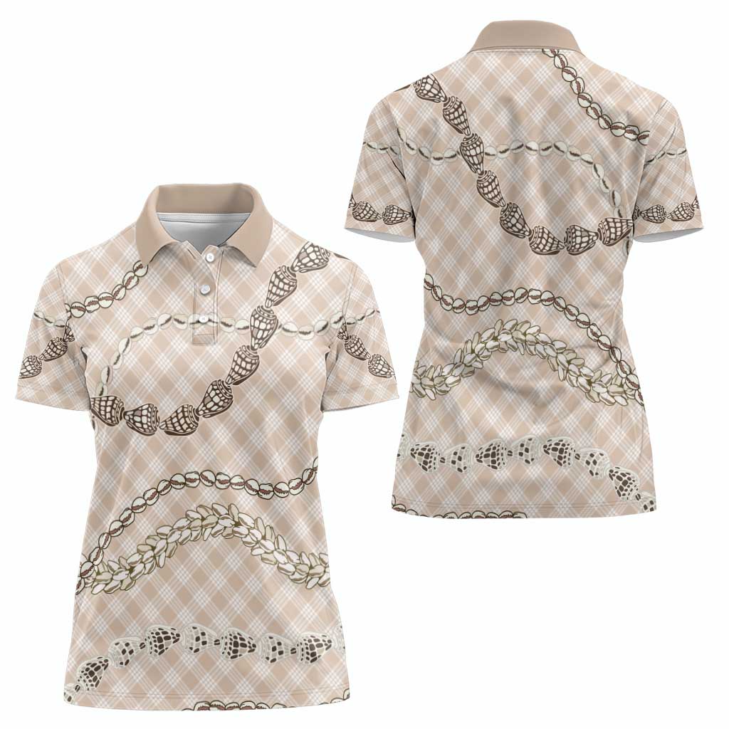 Beige Aloha Hawaii Shell Lei Women Polo Shirt Palaka Hebrew Cone Honey Cowrie Elegant Curves - Polynesian Pride