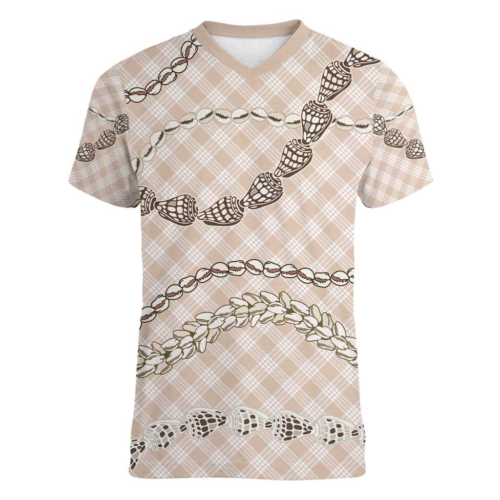 Beige Aloha Hawaii Shell Lei Women V-Neck T-Shirt Palaka Hebrew Cone Honey Cowrie Elegant Curves - Polynesian Pride