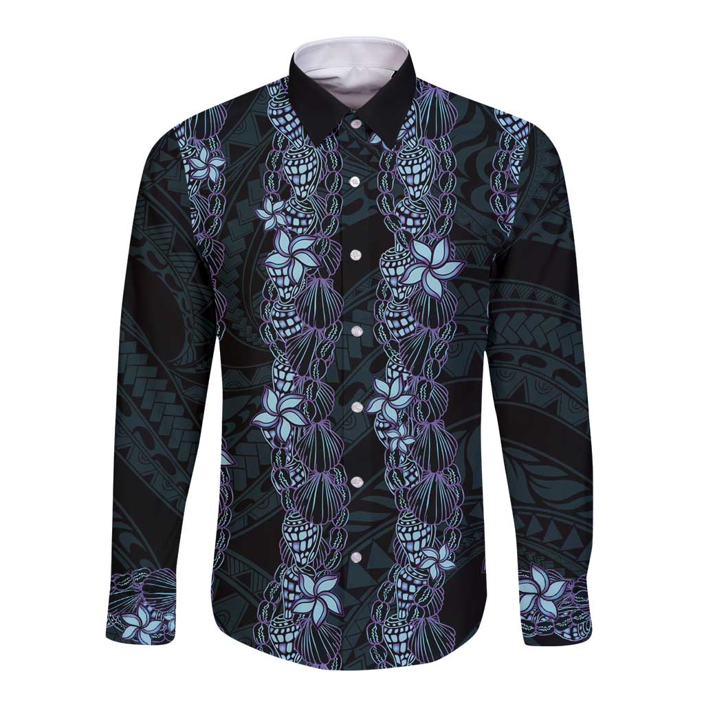 Purple Paradise Hawaii Shell Lei Long Sleeve Button Shirt Hawaiian Sunrise Shell Hebrew Cone Plumeria - Polynesian Pride