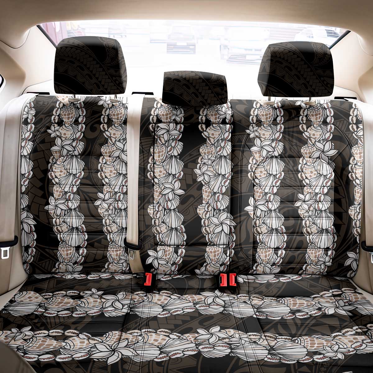 Black and Beige Hawaii Shell Lei Back Car Seat Cover Hawaiian Sunrise Shell Hebrew Cone Plumeria - Polynesian Pride
