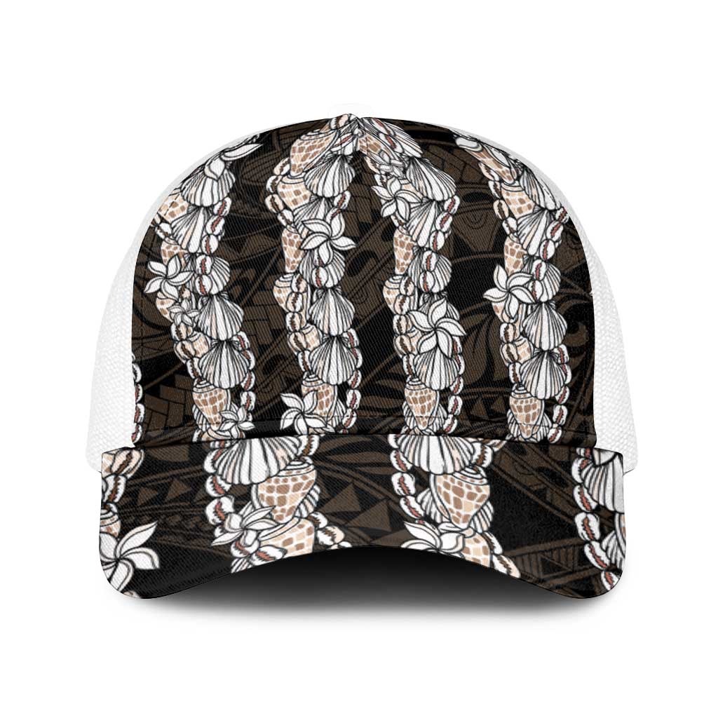 Black and Beige Hawaii Shell Lei Baseball Net Cap Hawaiian Sunrise Shell Hebrew Cone Plumeria - Polynesian Pride