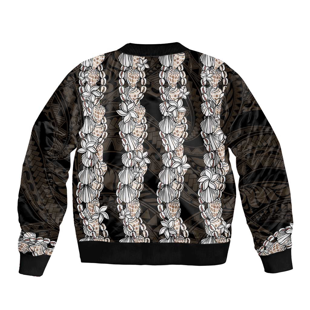 Black and Beige Hawaii Shell Lei Bomber Jacket Hawaiian Sunrise Shell Hebrew Cone Plumeria - Polynesian Pride