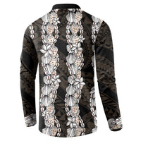 Black and Beige Hawaii Shell Lei Button Sweatshirt Hawaiian Sunrise Shell Hebrew Cone Plumeria - Polynesian Pride