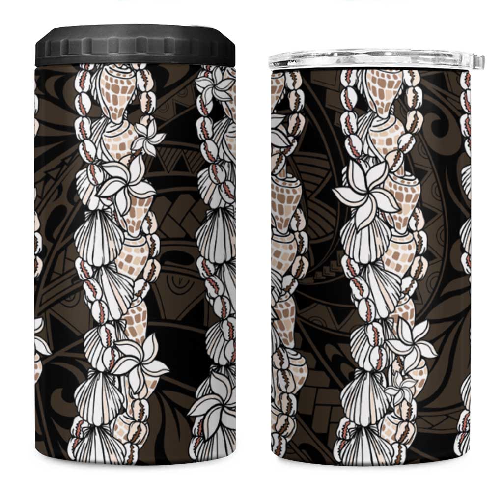 Black and Beige Hawaii Shell Lei 4 in 1 Can Cooler Tumbler Hawaiian Sunrise Shell Hebrew Cone Plumeria - Polynesian Pride