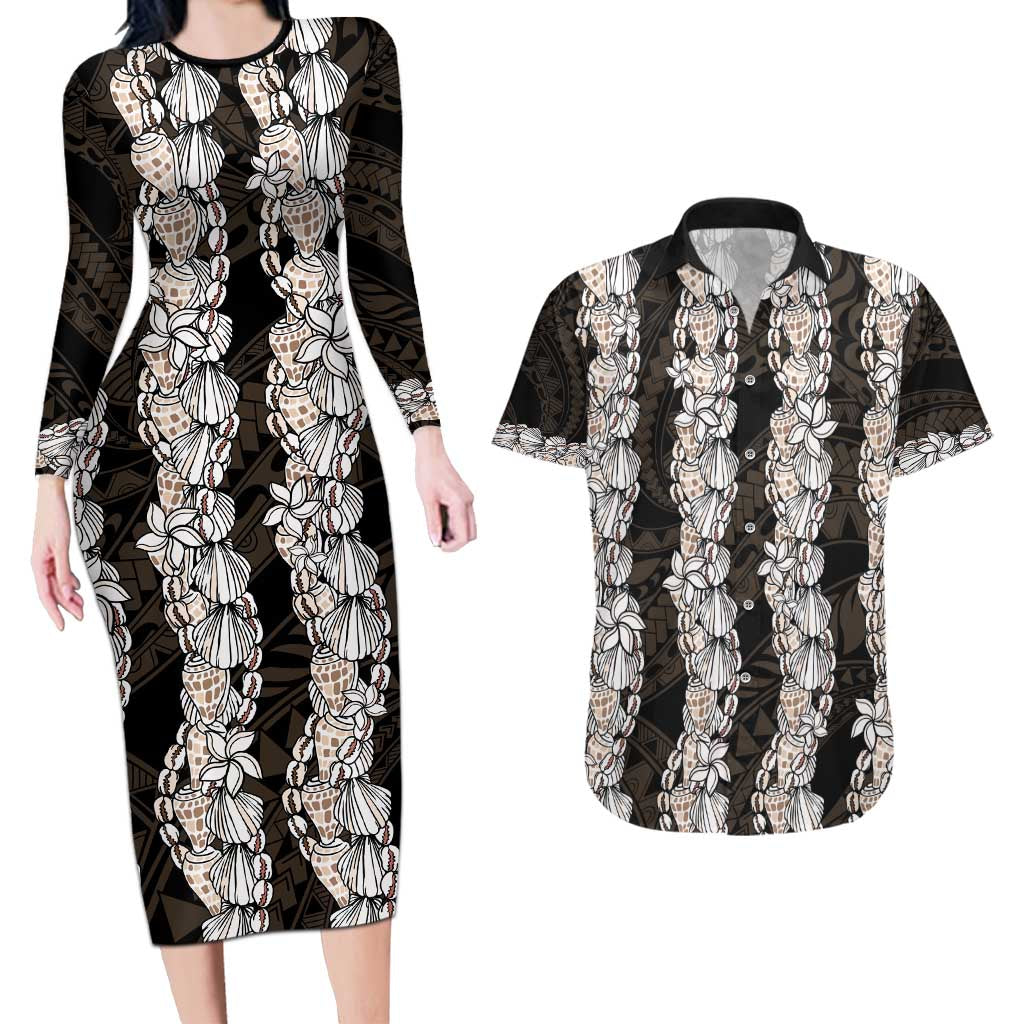 Black and Beige Hawaii Shell Lei Couples Matching Long Sleeve Bodycon Dress and Hawaiian Shirt Hawaiian Sunrise Shell Hebrew Cone Plumeria - Polynesian Pride