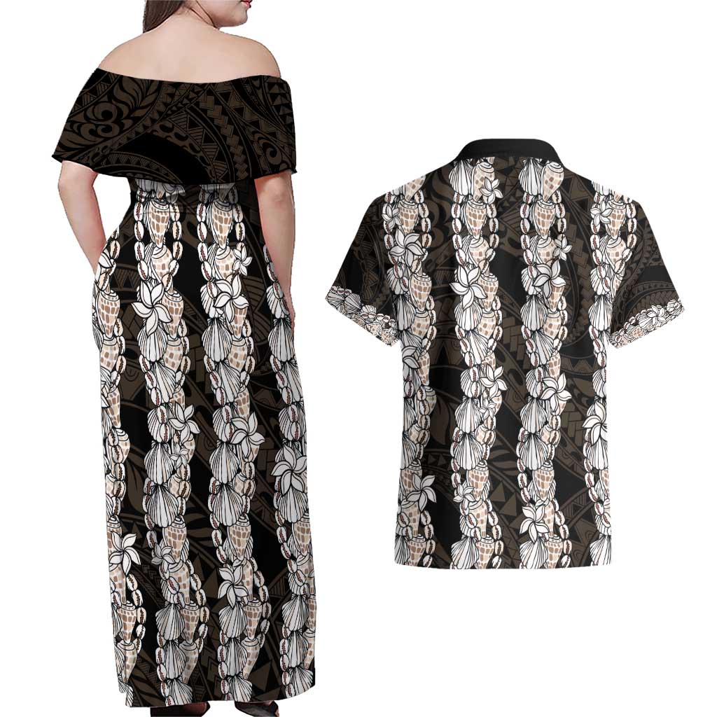 Black and Beige Hawaii Shell Lei Couples Matching Off Shoulder Maxi Dress and Hawaiian Shirt Hawaiian Sunrise Shell Hebrew Cone Plumeria - Polynesian Pride