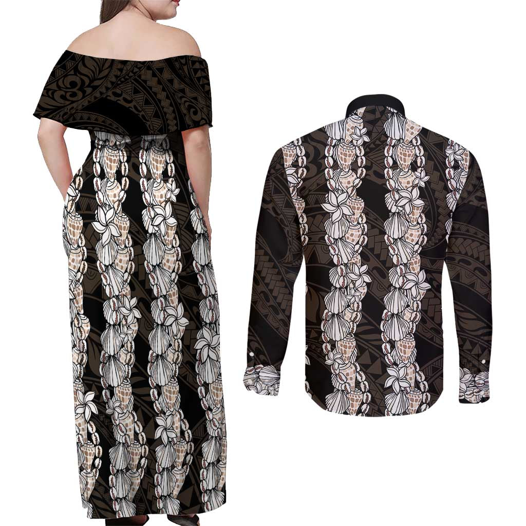 Black and Beige Hawaii Shell Lei Couples Matching Off Shoulder Maxi Dress and Long Sleeve Button Shirt Hawaiian Sunrise Shell Hebrew Cone Plumeria - Polynesian Pride
