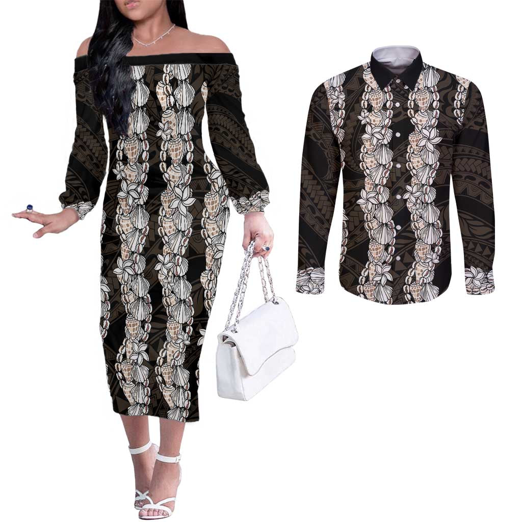 Black and Beige Hawaii Shell Lei Couples Matching Off The Shoulder Long Sleeve Dress and Long Sleeve Button Shirt Hawaiian Sunrise Shell Hebrew Cone Plumeria - Polynesian Pride