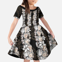 Black and Beige Hawaii Shell Lei Family Matching Off The Shoulder Long Sleeve Dress and Hawaiian Shirt Hawaiian Sunrise Shell Hebrew Cone Plumeria - Polynesian Pride