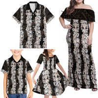 Black and Beige Hawaii Shell Lei Family Matching Off Shoulder Maxi Dress and Hawaiian Shirt Hawaiian Sunrise Shell Hebrew Cone Plumeria - Polynesian Pride