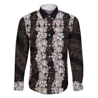 Black and Beige Hawaii Shell Lei Family Matching Off Shoulder Maxi Dress and Hawaiian Shirt Hawaiian Sunrise Shell Hebrew Cone Plumeria - Polynesian Pride