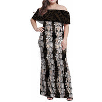 Black and Beige Hawaii Shell Lei Family Matching Off Shoulder Maxi Dress and Hawaiian Shirt Hawaiian Sunrise Shell Hebrew Cone Plumeria - Polynesian Pride