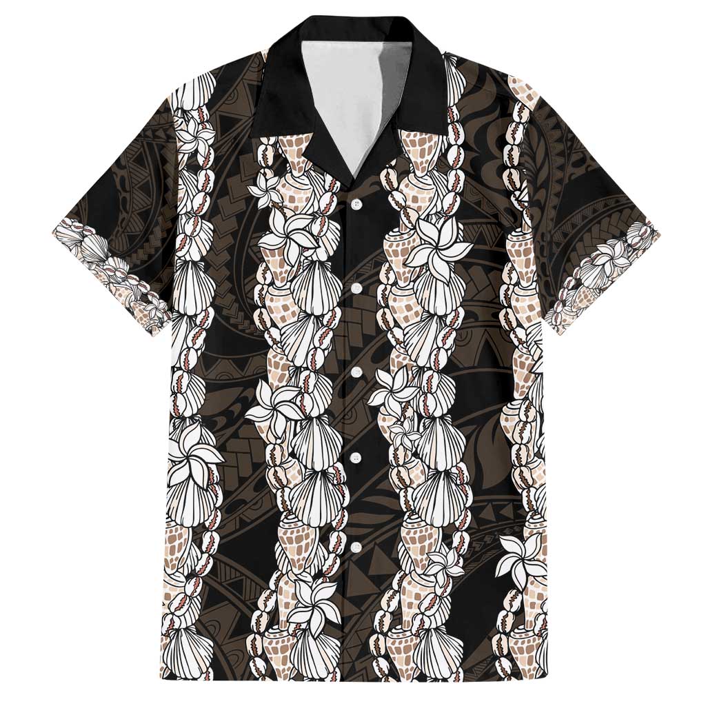 Black and Beige Hawaii Shell Lei Family Matching Off Shoulder Short Dress and Hawaiian Shirt Hawaiian Sunrise Shell Hebrew Cone Plumeria - Polynesian Pride
