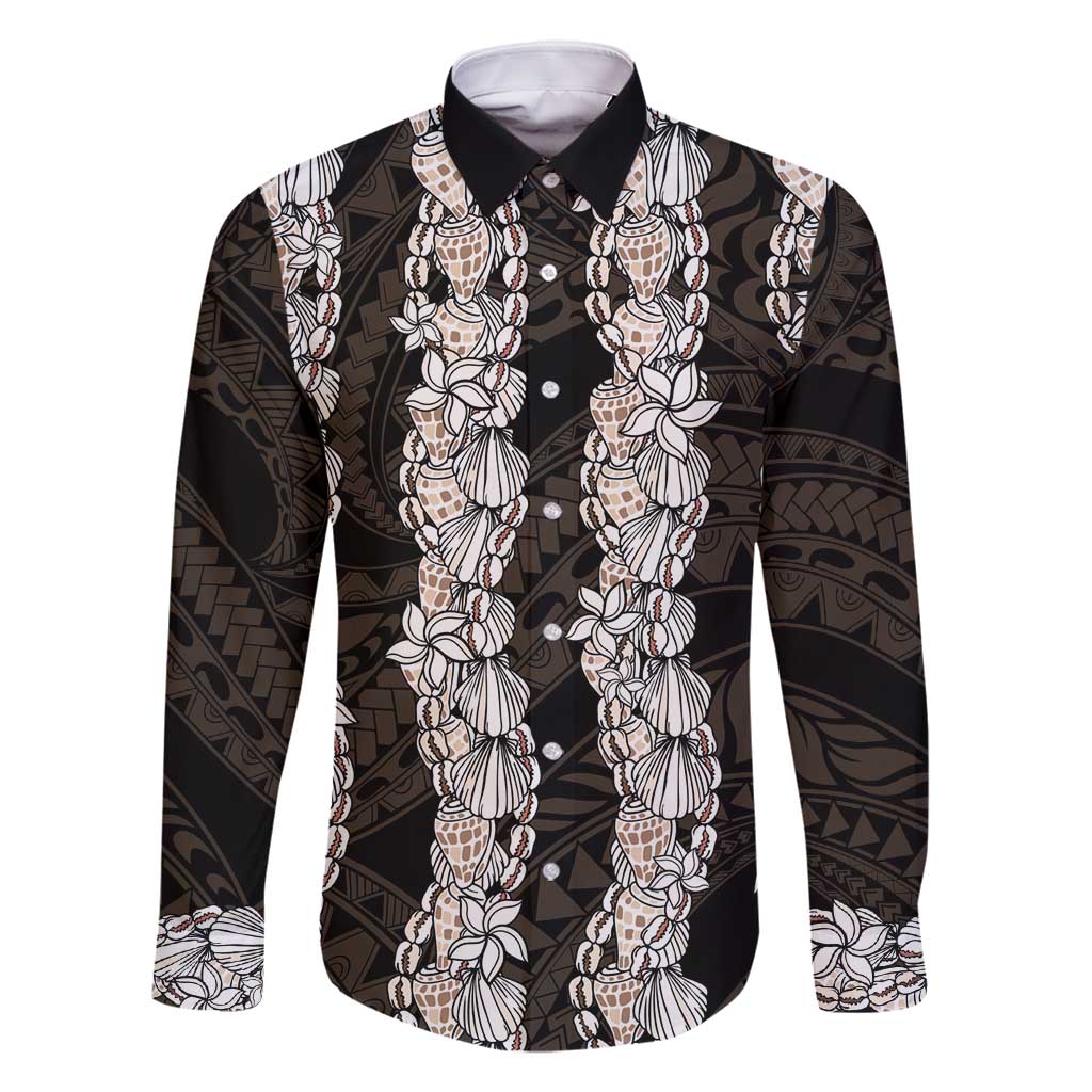 Black and Beige Hawaii Shell Lei Family Matching Off Shoulder Short Dress and Hawaiian Shirt Hawaiian Sunrise Shell Hebrew Cone Plumeria - Polynesian Pride