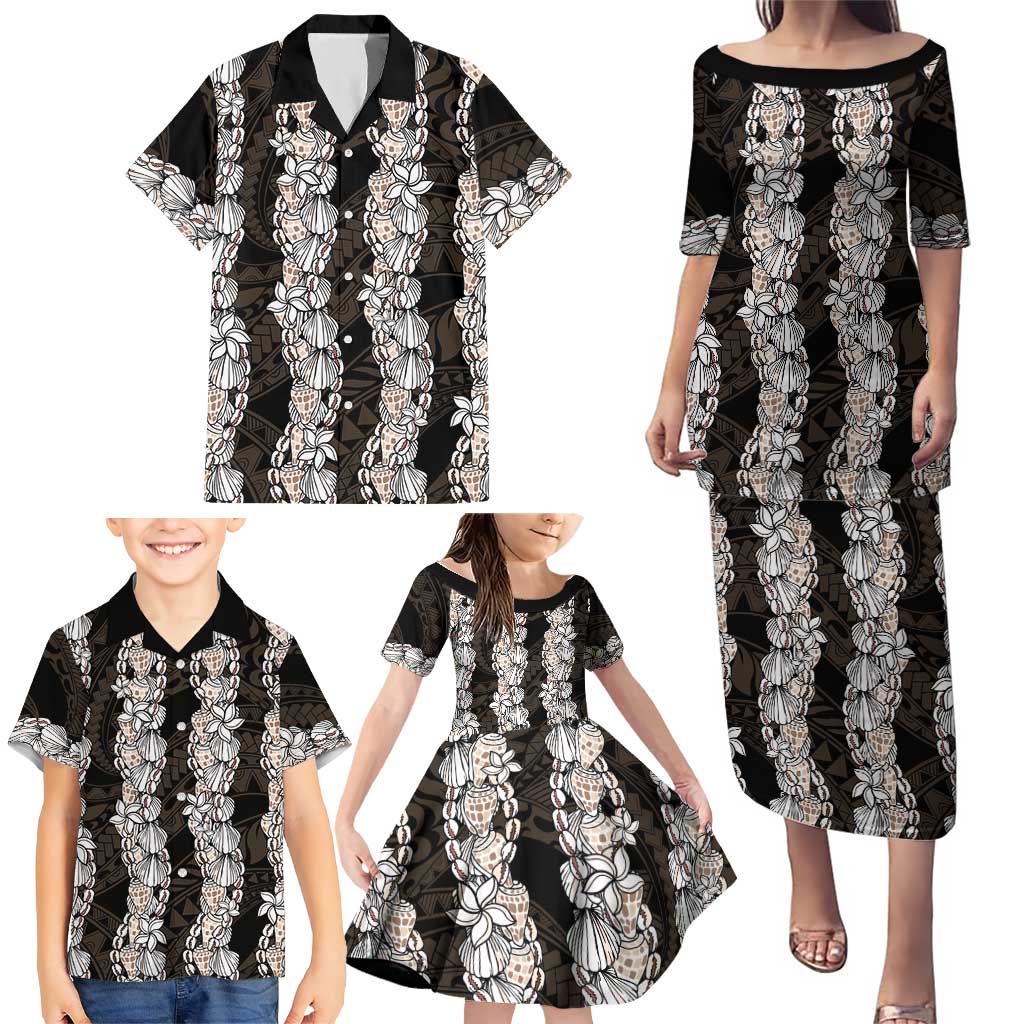 Black and Beige Hawaii Shell Lei Family Matching Puletasi and Hawaiian Shirt Hawaiian Sunrise Shell Hebrew Cone Plumeria LT14 - Polynesian Pride