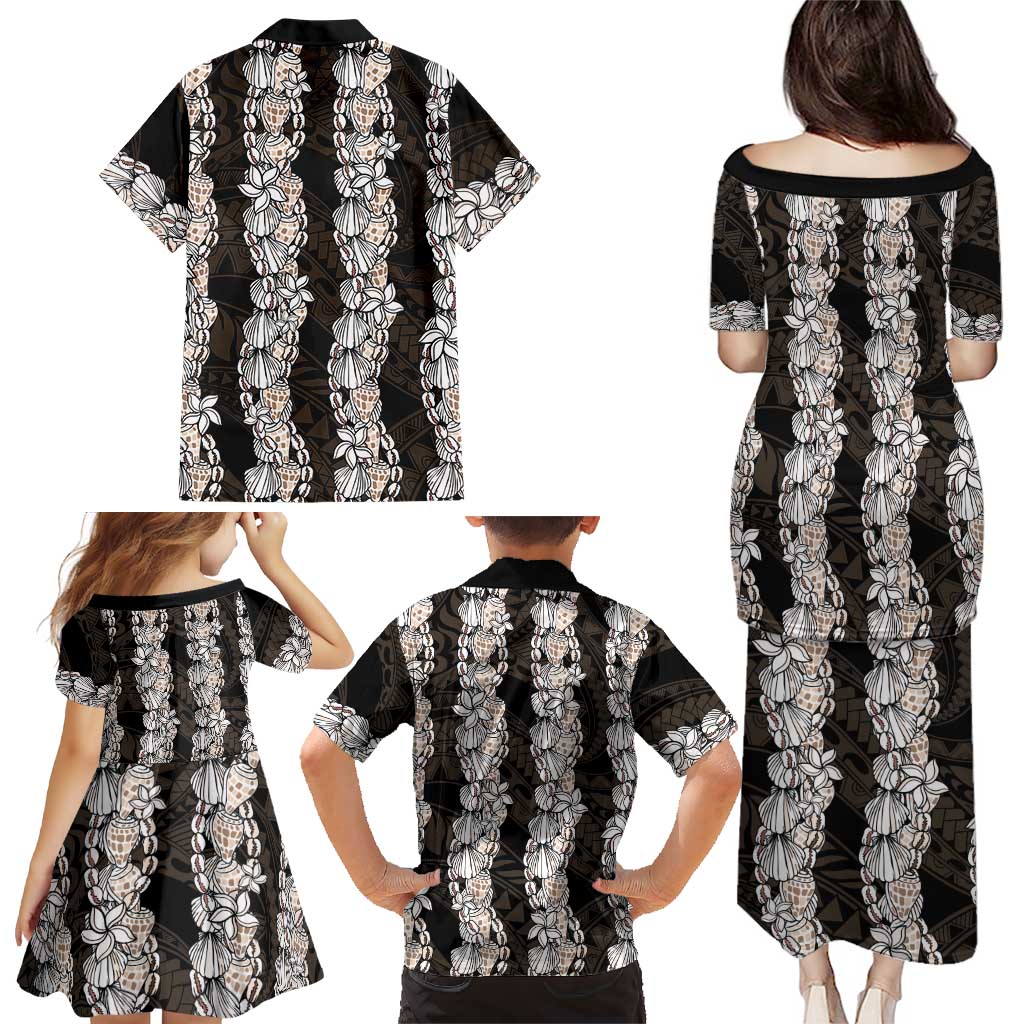 Black and Beige Hawaii Shell Lei Family Matching Puletasi and Hawaiian Shirt Hawaiian Sunrise Shell Hebrew Cone Plumeria - Polynesian Pride