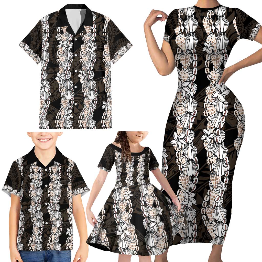 Black and Beige Hawaii Shell Lei Family Matching Short Sleeve Bodycon Dress and Hawaiian Shirt Hawaiian Sunrise Shell Hebrew Cone Plumeria - Polynesian Pride