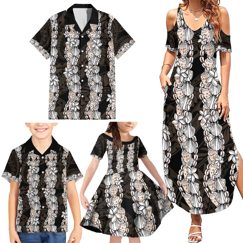 Black and Beige Hawaii Shell Lei Family Matching Summer Maxi Dress and Hawaiian Shirt Hawaiian Sunrise Shell Hebrew Cone Plumeria - Polynesian Pride