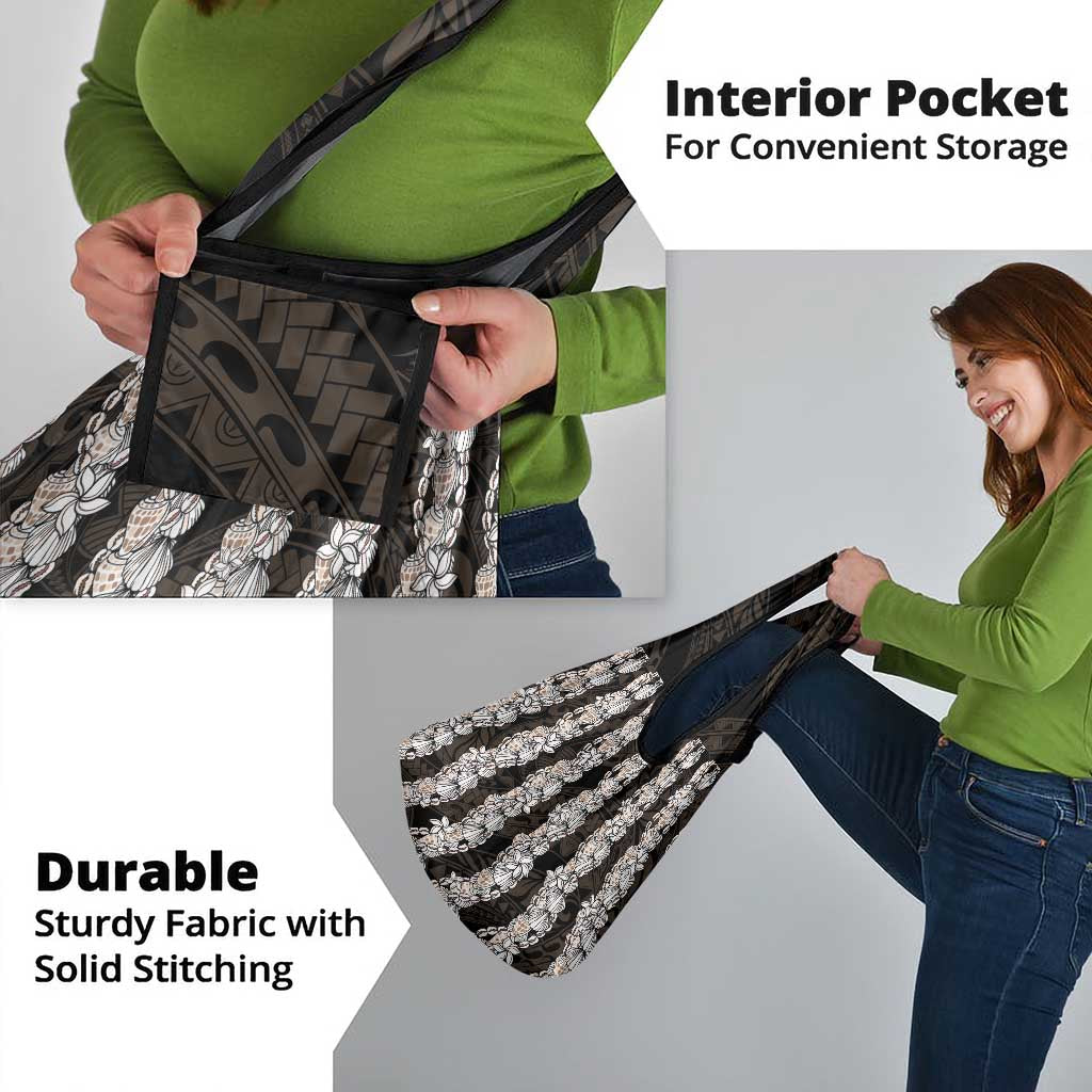 Black and Beige Hawaii Shell Lei Grocery Bag Hawaiian Sunrise Shell Hebrew Cone Plumeria - Polynesian Pride