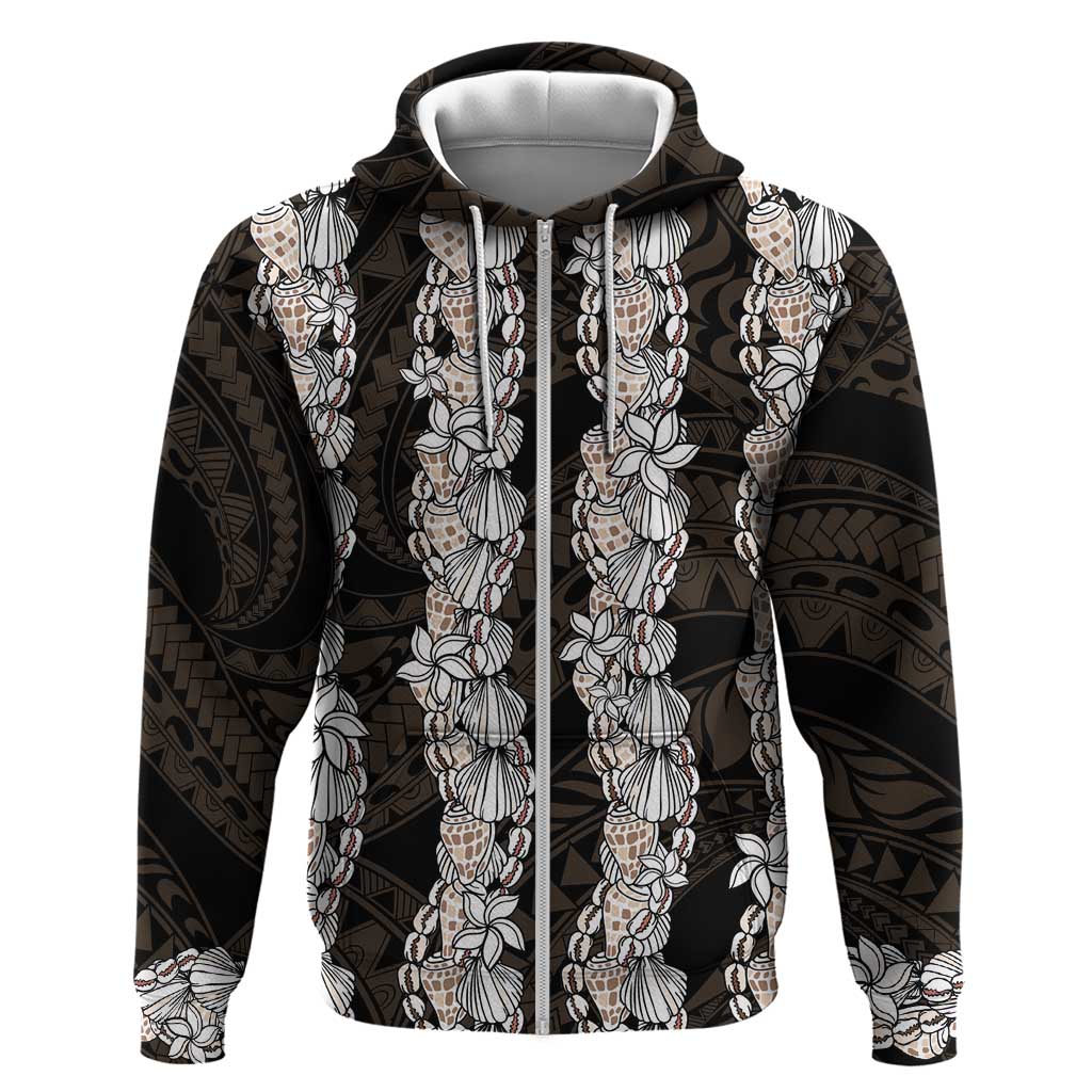 Black and Beige Hawaii Shell Lei Hoodie Hawaiian Sunrise Shell Hebrew Cone Plumeria - Polynesian Pride