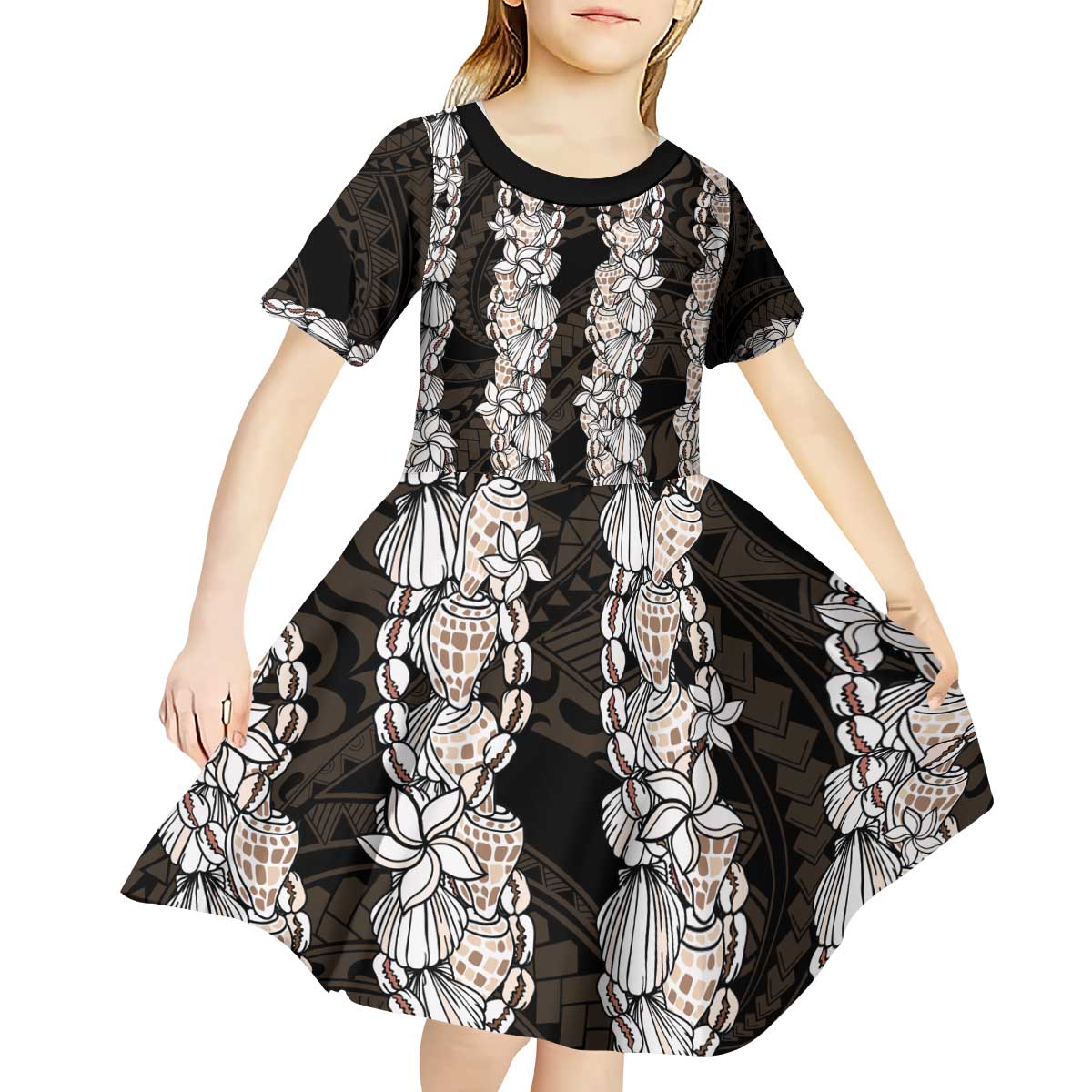 Black and Beige Hawaii Shell Lei Kid Short Sleeve Dress Hawaiian Sunrise Shell Hebrew Cone Plumeria - Polynesian Pride