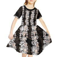 Black and Beige Hawaii Shell Lei Kid Short Sleeve Dress Hawaiian Sunrise Shell Hebrew Cone Plumeria - Polynesian Pride