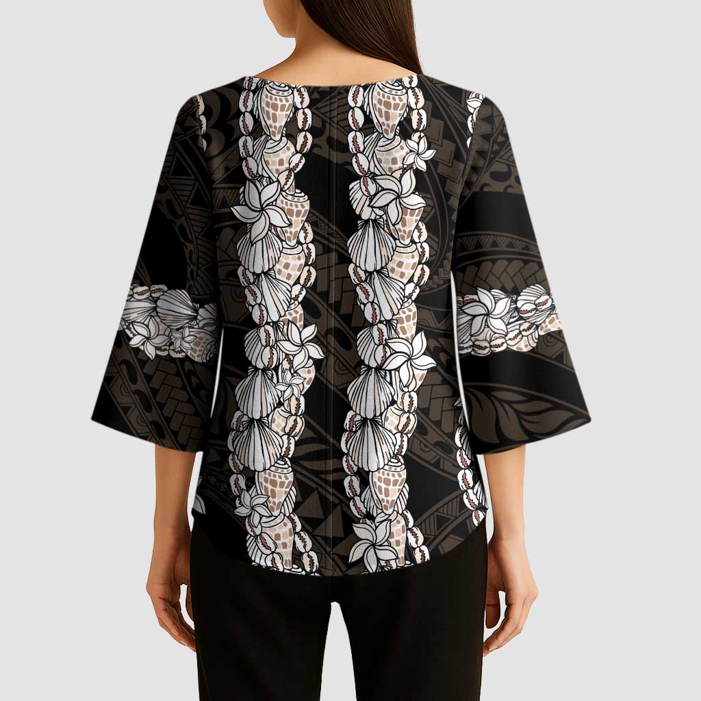 Black and Beige Hawaii Shell Lei Kimono Sleeve Blouse Hawaiian Sunrise Shell Hebrew Cone Plumeria - Polynesian Pride