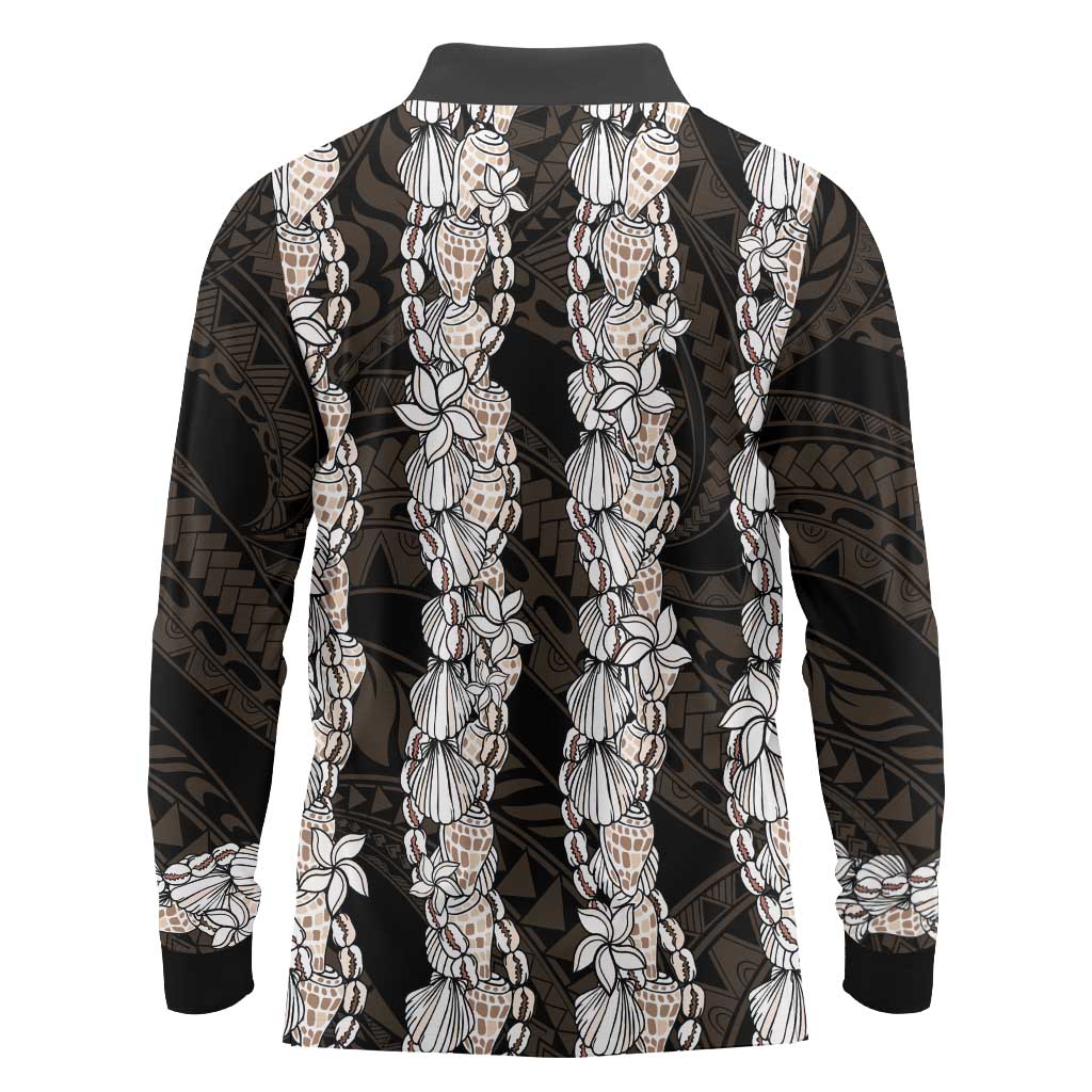 Black and Beige Hawaii Shell Lei Long Sleeve Polo Shirt Hawaiian Sunrise Shell Hebrew Cone Plumeria - Polynesian Pride