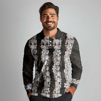 Black and Beige Hawaii Shell Lei Long Sleeve Polo Shirt Hawaiian Sunrise Shell Hebrew Cone Plumeria - Polynesian Pride