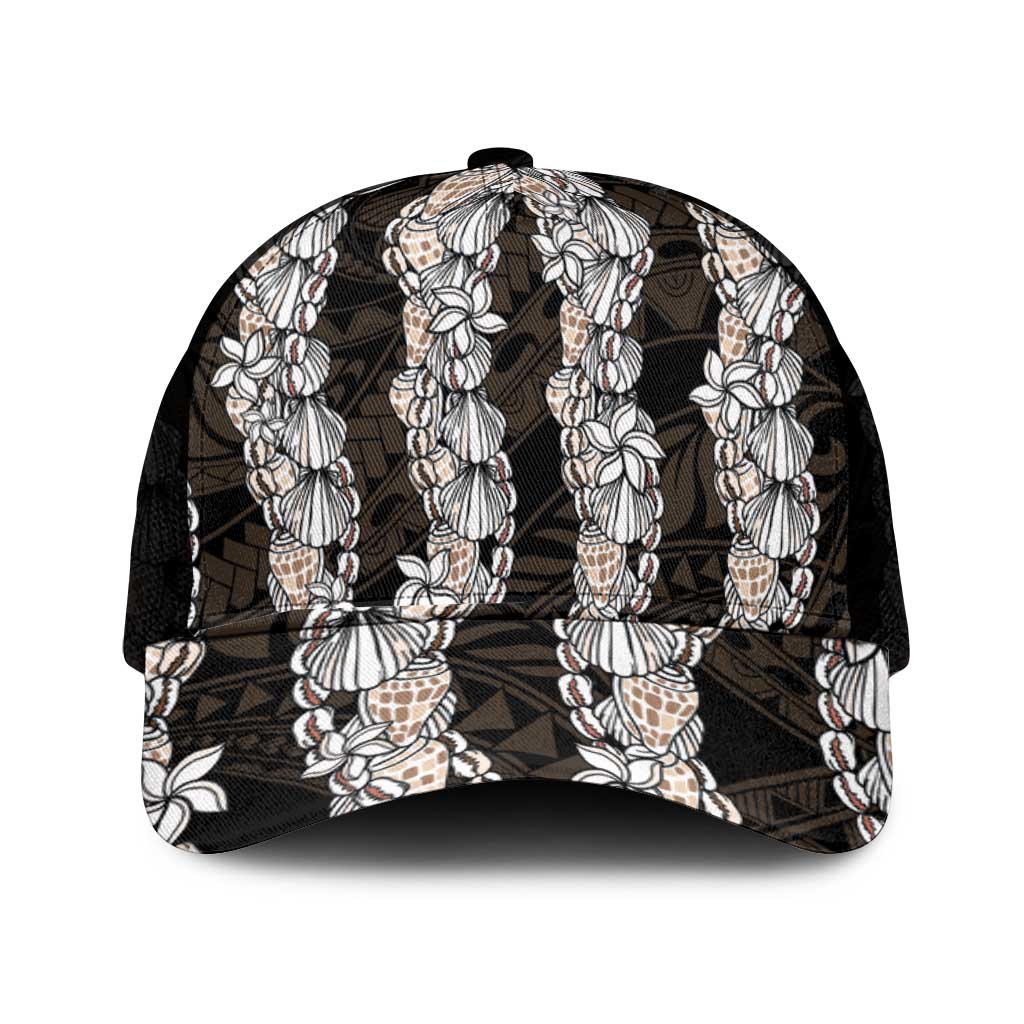 Black and Beige Hawaii Shell Lei Mesh Trucker Cap Hawaiian Sunrise Shell Hebrew Cone Plumeria - Polynesian Pride