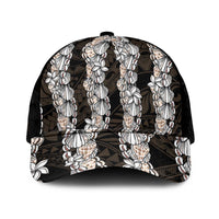 Black and Beige Hawaii Shell Lei Mesh Trucker Cap Hawaiian Sunrise Shell Hebrew Cone Plumeria - Polynesian Pride