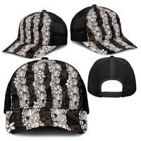 Black and Beige Hawaii Shell Lei Mesh Trucker Cap Hawaiian Sunrise Shell Hebrew Cone Plumeria - Polynesian Pride