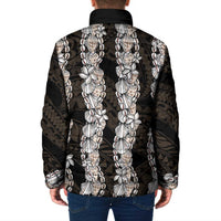 Black and Beige Hawaii Shell Lei Padded Jacket Hawaiian Sunrise Shell Hebrew Cone Plumeria - Polynesian Pride