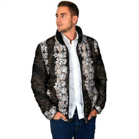 Black and Beige Hawaii Shell Lei Padded Jacket Hawaiian Sunrise Shell Hebrew Cone Plumeria - Polynesian Pride
