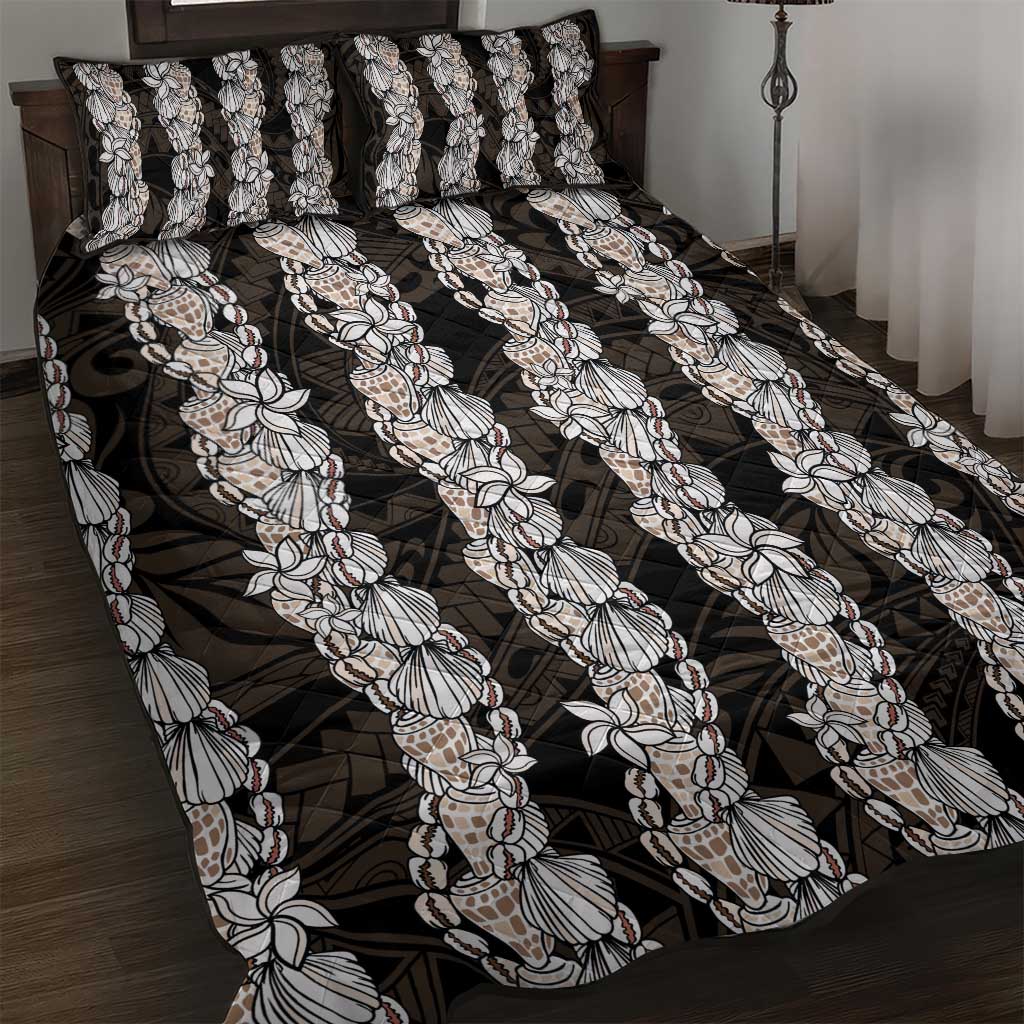 Black and Beige Hawaii Shell Lei Quilt Bed Set Hawaiian Sunrise Shell Hebrew Cone Plumeria - Polynesian Pride