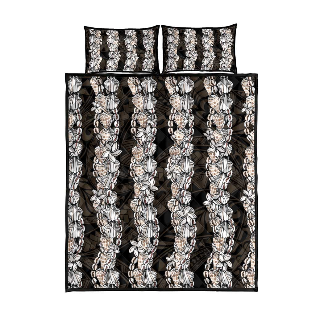 Black and Beige Hawaii Shell Lei Quilt Bed Set Hawaiian Sunrise Shell Hebrew Cone Plumeria - Polynesian Pride