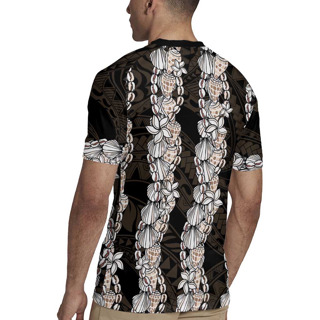 Black and Beige Hawaii Shell Lei Rugby Jersey Hawaiian Sunrise Shell Hebrew Cone Plumeria - Polynesian Pride