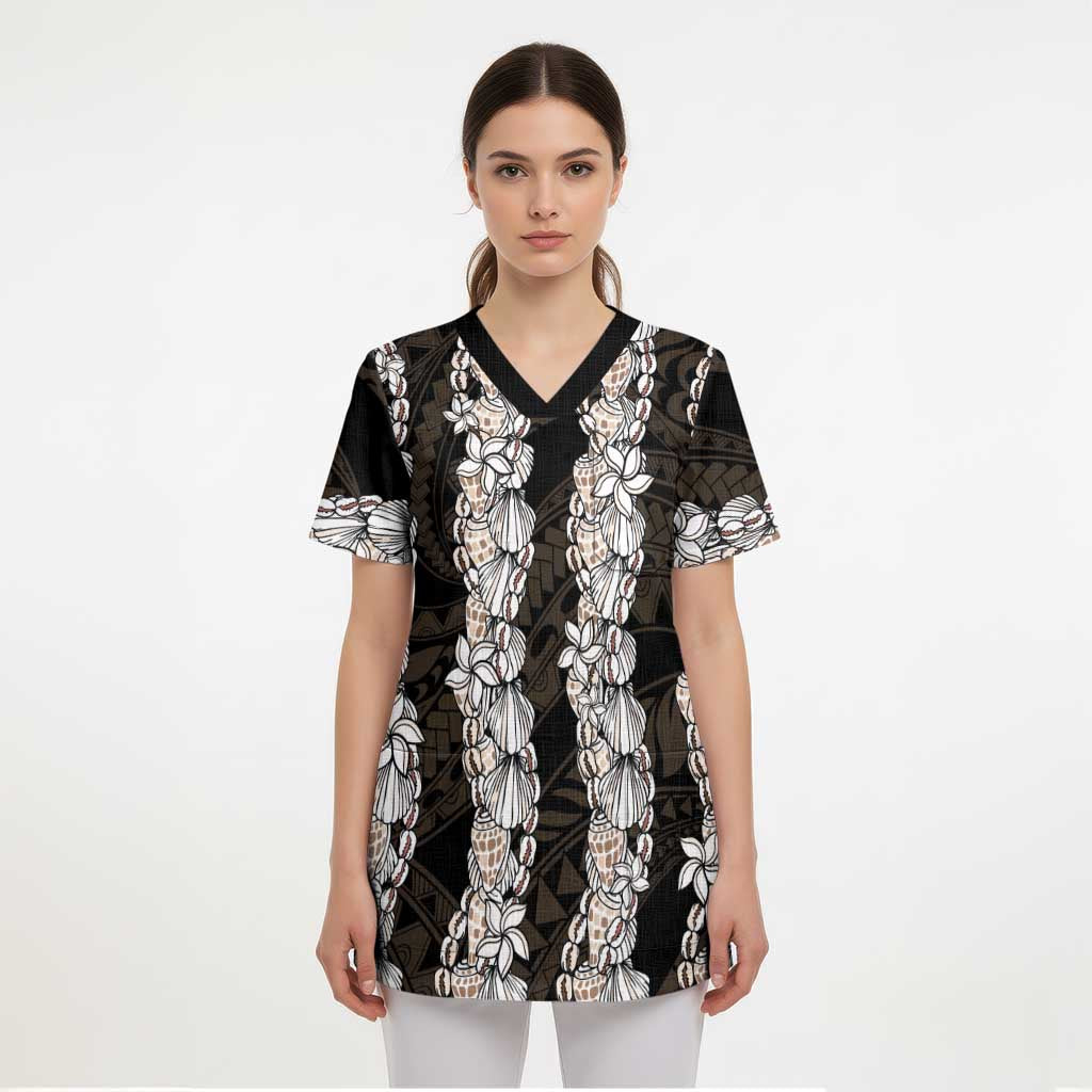 Black and Beige Hawaii Shell Lei Scrub Top Hawaiian Sunrise Shell Hebrew Cone Plumeria - Polynesian Pride