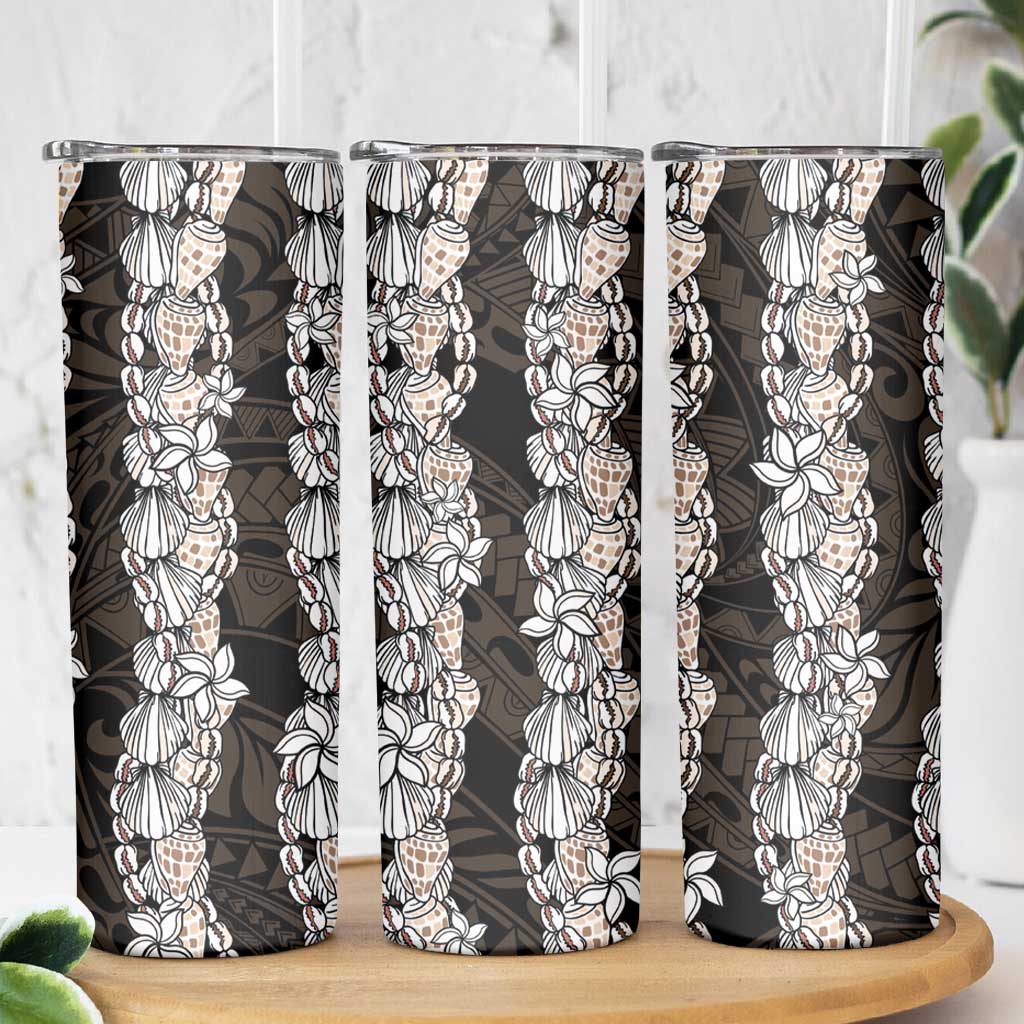 Black and Beige Hawaii Shell Lei Skinny Tumbler Hawaiian Sunrise Shell Hebrew Cone Plumeria - Polynesian Pride