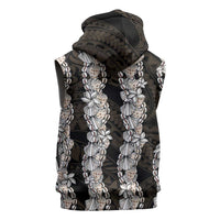 Black and Beige Hawaii Shell Lei Sleeveless Hoodie Hawaiian Sunrise Shell Hebrew Cone Plumeria - Polynesian Pride