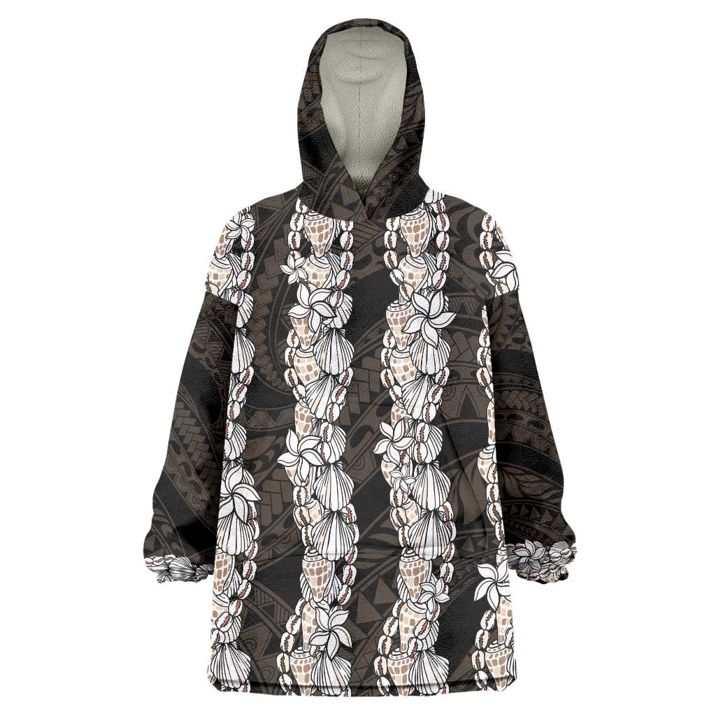 Black and Beige Hawaii Shell Lei Wearable Blanket Hoodie Hawaiian Sunrise Shell Hebrew Cone Plumeria - Polynesian Pride