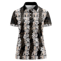 Black and Beige Hawaii Shell Lei Women Polo Shirt Hawaiian Sunrise Shell Hebrew Cone Plumeria - Polynesian Pride